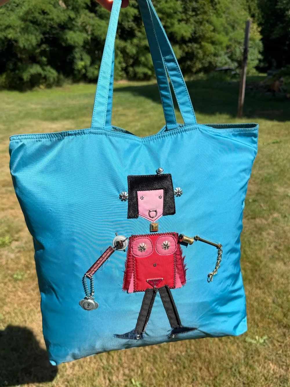 Vintage Prada Robot Blue Tessuto Appliqué Tote Bag Shopper